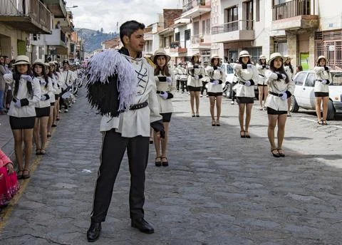 Cuenca, Ecuador, Jan 13, 2018: Baton twirlers marching Stock Photos