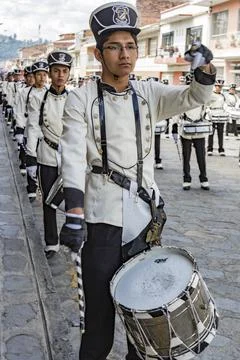 Cuenca, Ecuador, Jan 13, 2018: Drummers marching in parade Stock Photos