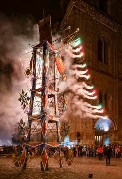 Cuenca, Ecuador - June 1, 2018: A fireworks castle showers sparks as the audi Stock Photos