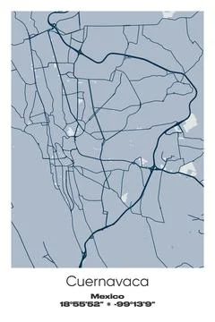 Cuernavaca, Mexico - vector map of city in Blue, Gray, Yellow, Olive colors Stock Illustration