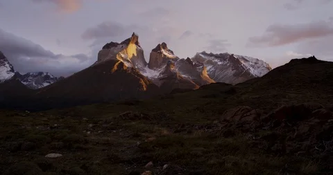 Cuernos during sunrise in Torres del Paine Patagonia Stock Footage 90077695