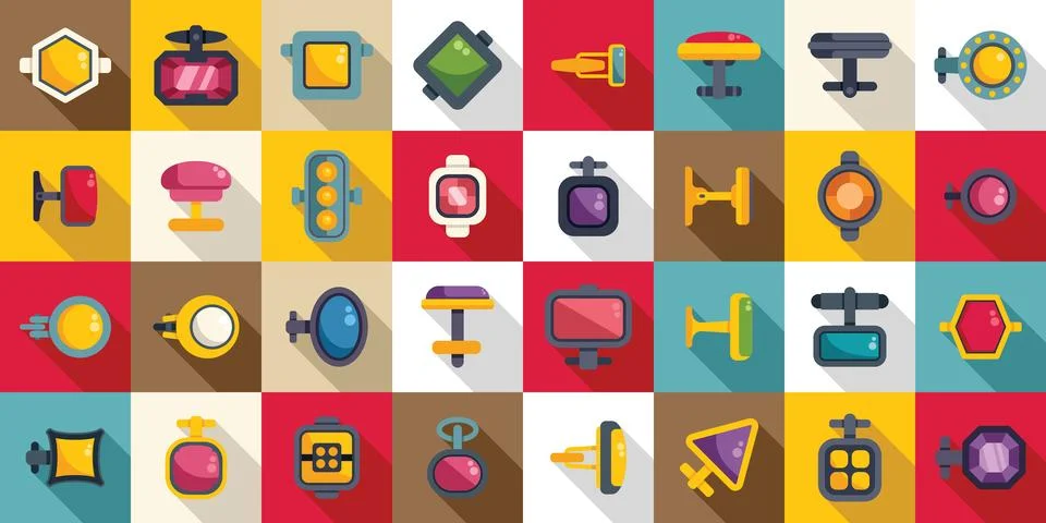 Cufflinks icons set flat vector. Classic golden Stock Illustration
