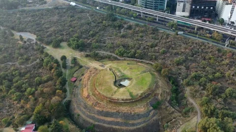 Cuicuilco Circular Pyramid, Drone Clip with Avenue, Mexico, Ancient Ruins 4K Stock Footage 243744239