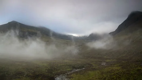 Cuillin Hills, ascending to Eag Dubh from Glenbrittle Youth Hostel. Stock Footage 76759099