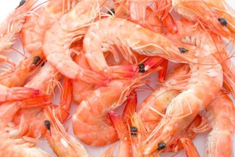 Cuisine and Food, Stack of Cooked Prawns or Tiger Shrimps. Stock Photos