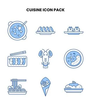 Cuisine Blue Color Set Icons Pack Stock Illustration