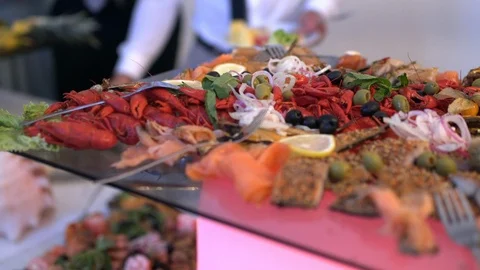 Cuisine Culinary Buffet Dinner Catering Dining Food Celebration Party Concept Stock Footage 94718048