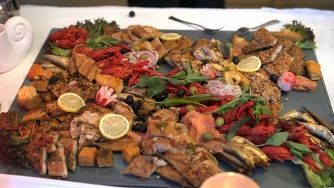 Cuisine Culinary Buffet Dinner Catering Dining Food Celebration Party Concept Stock-Footage 94718196