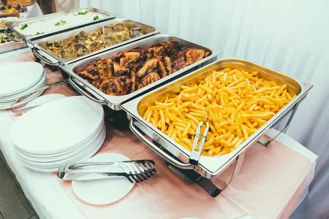 Cuisine Culinary Buffet Dinner Dining Food Celebration Party Concept. Trays with Stock Photos
