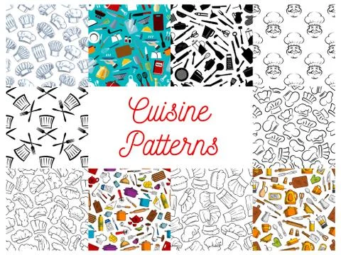 Cuisine, kitchen utensils, chef hat patterns set Stock Illustration
