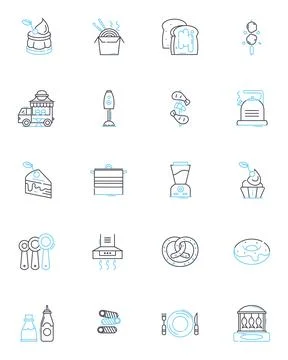 Cuisine linear icons set. Delicacy, Gourmet, Spicy, Aromatic, Savory, Flavorful Stock Illustration