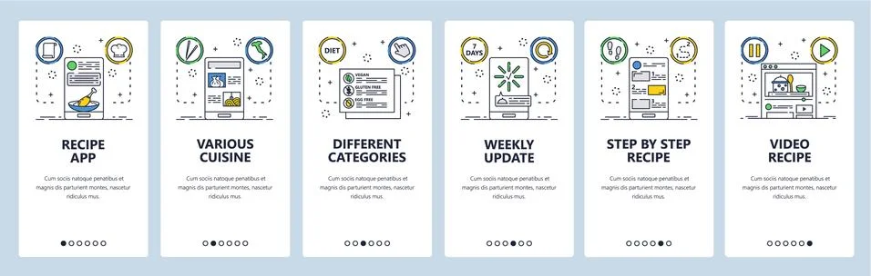 Cuisine website and mobile app onboarding screens vector template Stock Illustration