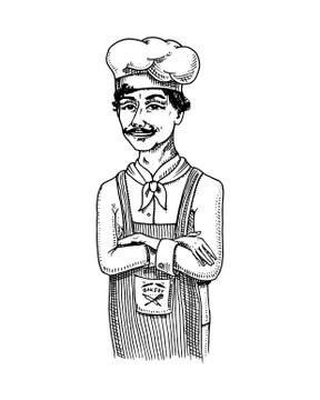 Culinary boss or chef, baker in apron.. engraved hand drawn in old sketch and Stock Illustration
