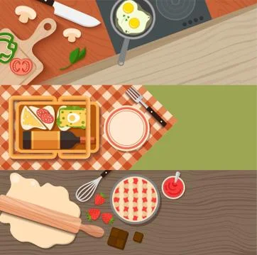 Culinary Breakfast banner flat set with frying pan and eggs, weekend picnic with Stock Illustration