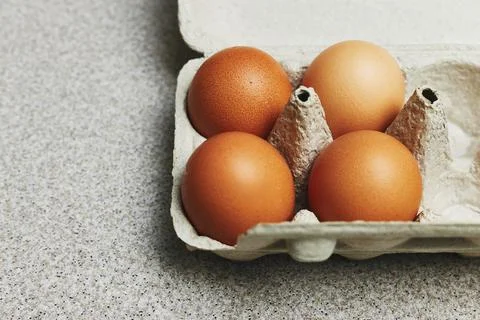 Culinary class in a kitchen. Four tinted brown chicken eggs in an open carton Stock Photos