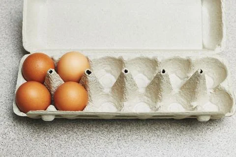 Culinary class in a kitchen. Four tinted brown chicken eggs in an open carton Stock Photos
