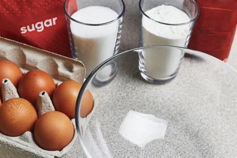 Culinary class in a kitchen. Ingredients for baking cake on a table. Cooking  스톡 사진