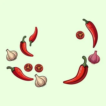 A culinary collection featuring red chili peppers, garlic bulbs Stock Illustration