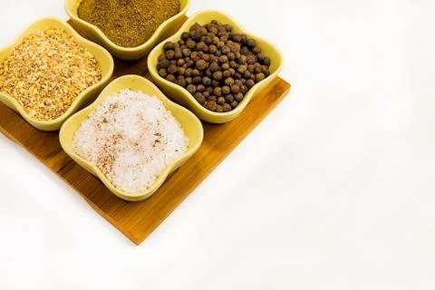 Culinary composition set spice salt peppercorn coriander Stock Photos