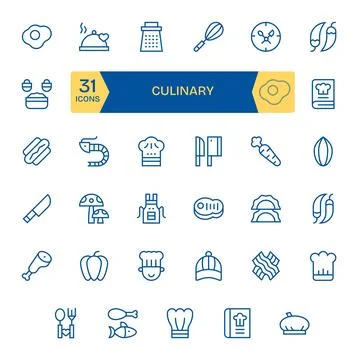 Culinary featuring 35 High Resolution Vector Icons in Regular Line Design Stock Illustration