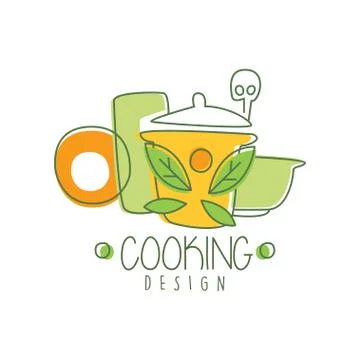 Culinary hand drawn cooking logo original design with colorful cookware Stock Illustration