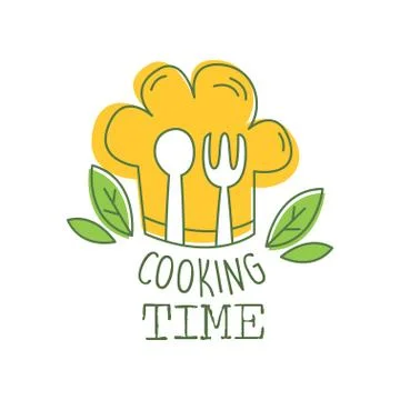 Culinary hand drawn logo original design with green leaves, orange chef s hat Illustrazione stock