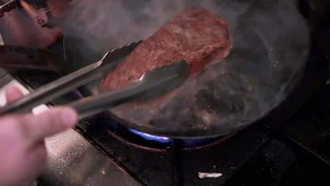 Culinary Kitchen Cooking Chef Prep Preparation Steak Dinner Fire Restaurant Stock Footage 130836912