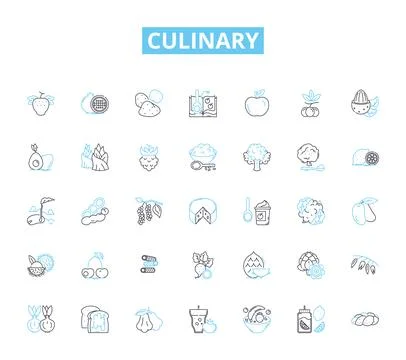 Culinary linear icons set. Gourmet, Spicy, Savory, Comforting, Ethnic, Organic Illustrazione stock