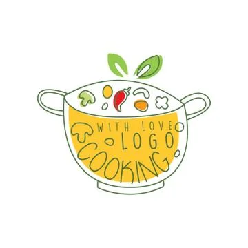 Culinary logo design with pan, fresh vegetables and cooking with love lettering Stock Illustration