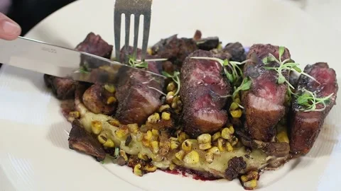 Culinary Plated Dinner Steak Chef Plate Kitchen Restaurant Eating Dine In Vídeo Stock 130837033
