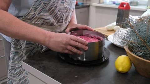 Culinary Process of Plating Layered Beetroot Salad Stock Footage 344632220