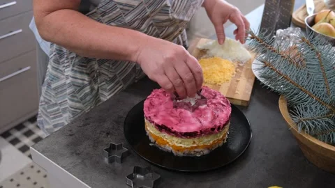 Culinary Process of Plating Layered Beetroot Salad Stock Footage 344632378
