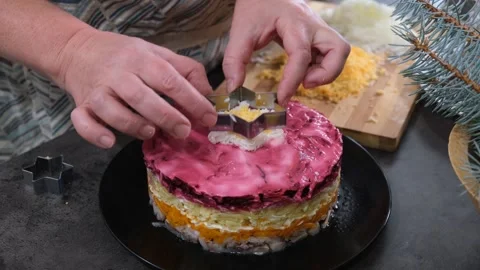 Culinary Process of Plating Layered Beetroot Salad Stock Footage 344632389