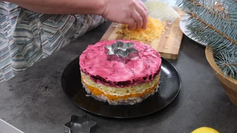 Culinary Process of Plating Layered Beetroot Salad Stock Footage 344632396