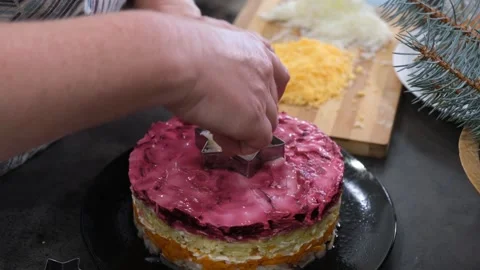 Culinary Process of Plating Layered Beetroot Salad Stock Footage 344632403