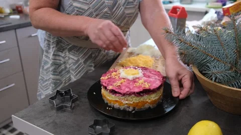 Culinary Process of Plating Layered Beetroot Salad Stock Footage 344632430