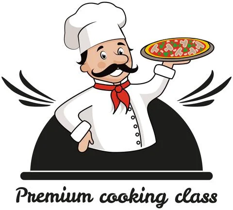 Culinary school badge with pizza maker holding dish. Premium cooking class Stock Illustration
