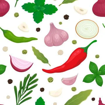 Culinary spice seamless pattern. Cartoon onion, chili peppers and garlic. Fresh Illustrazione stock