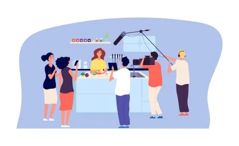 Culinary workshop. Cooking TV show, live streaming. Chef blogger in kitchen Illustrazione stock