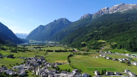 Cultivated fields in Val Poschiavo, panoramic view. Stock Footage 91098003
