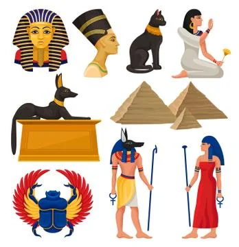 Cultural elements of ancient Egypt. Pharaoh and queen, sacred animals, Egyptian Stock Illustration