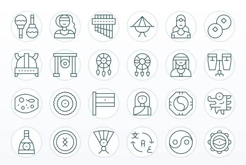 Culture Vector Icon Library with 24 Thin Line 64x64 Detail Enhanced Designs Illustration
