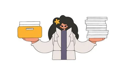 A cultured girl is holding a stack of documents in her hands. Stock Illustration