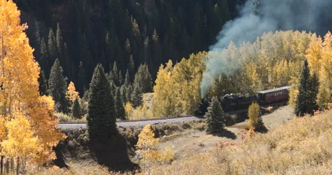 Cumbres and Toltec Rolling By Fall Colors Stock Footage 259687326