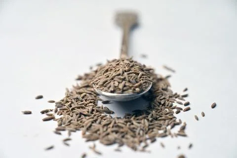Cumin Seeds in Spoon Angled Top View with Defocus Background Macro Photograph Stock Photos