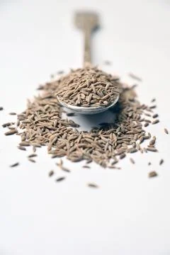 Cumin Seeds in Spoon Vertical Image Angled Top View with Defocus Background.. Stock-Fotos