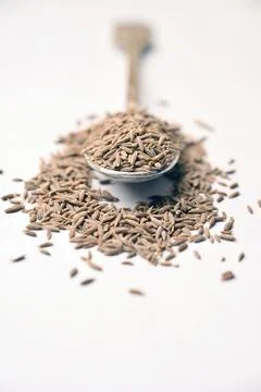Cumin Seeds in Spoon Vertical Image Angled Top View with Defocus Background.. Stock Photos