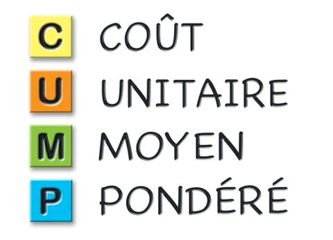 CUMP initials in colored 3d cubes with meaning in french language Stock Illustration