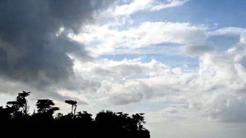 Cumulus and rain clouds run across the sky over a peninsula with trees Stock Footage 240635965