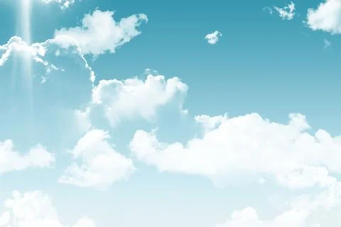 Cumulus cloud cluster is drifting across flat design turquoise sky with Stock Photos